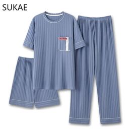 SUKAE Mens Pajamas Set Summer O-neck Vest Shorts Knitted Faux Cotton Pijamas Leisure Loungewear Casual Bottoms Man Sleepwear 240516