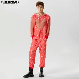 Men's Tracksuits Men Sets Printing Mesh Patchwork Transparent Sexy Hooded Long Sleeve T Shirt & Pants 2PCS Streetwear 2024 Suits INCERUN