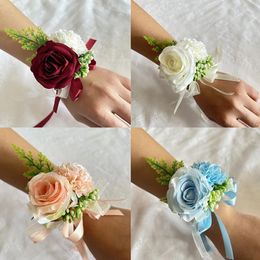 Decorative Flowers Wrist Flower Artificial Silk Rose Boutonniere Bride Wedding Girl Bridesmaid Bracelet Hand