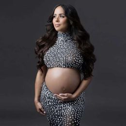 Maternity Embellished Top and Bottom Rhinestones Skirt Dress For Pregnancy Props Gown Photoshoot Baby Shower Wear