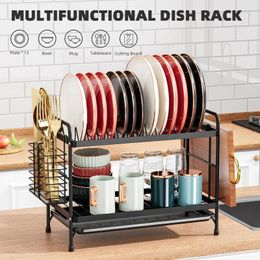 Kitchen Storage 2tier Dish Organiser With Auto Drying Knife Fork Cutting Board Rack Countertop Space-saving Black