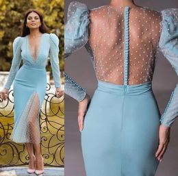 2024 Sky Ble Mermaid Evening Dresses V Neck Dot Tulle Buttons Back Long Sleeves Tea Length Prom Formal Gown for Women Robe De Soiree Customed