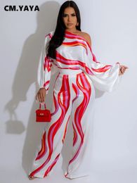 CM.YAYA Striped Satin Womens Set Off Shoulder Batwing Long Sleeve Shirt and Straight Wide Leg Pants Two 2 Piece Set Outfit 240515