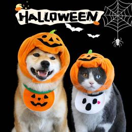Dog Apparel Pet Cat/Dog Halloween Pumpkin Hat Ghost Bib Set Cartoon Plush Headgear Pography Props Dress Up Party Decoration