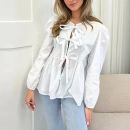 Ethnic Clothing Bow Tied Lace Up Shirts For Women 2024 Pleats Solid Long Sleeve Hollow Out O-neck Blouses Female Streetwear Lady Casual Tops