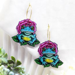 Dangle Earrings WE116 Wooden Flower Frog With Brass Hooks Handmade Jewelry Halloween Christmas Gift For Her