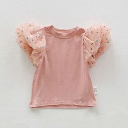 Flickor t-shirt koreansk polka dot bubble hylsa mesh toppar för barn 2023 sommar barn blus bomull baby tees småbarn kläder l2405