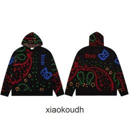 Rhude High end designer Hoodies for cashew flower jacquard mens and womens autumn and winter sweaters knitted sweaters hooded hoodies long fashion With 1:1 original