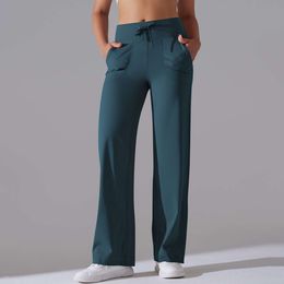Designer Womens LU Yoga drawstring wide-leg pants Loose nude sweatpants High-waisted dual-side pocket fitness yoga pants Outdoor running pants