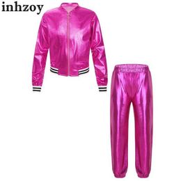 Dancewear Kids Girls Jazz Hip-hop Street Dance Performance Costume Shiny Metallic Jacket Bomber Coat with Pants Streetwear Sports OutfitsL2405