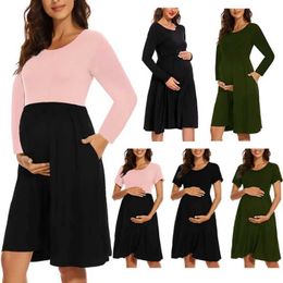 Maternity Dresses New Long Sleeve O-Neck Maternity Breastfeeding Solid Color Dress Pregnant Breastfeeding Round Neck Short Sleeve Dress Y240516