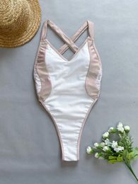 Women's Swimwear Sexy Colour Block Swimsuit One Piece Bodysuits Back Cross Bikinis High Waist Thong Bathing Suit Biquini