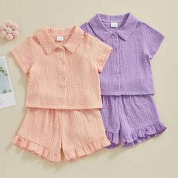 Clothing Sets Summer Infant Baby Girls Linen 2pcs Clothes Casual Buttons Short Sleeve Tops Elastic Waist Shorts Children Set Outfits