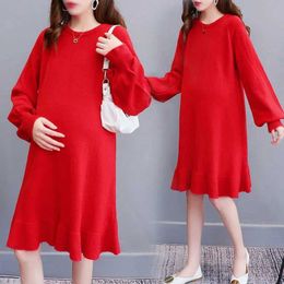 Maternity Dresses Maternity Autumn Winter Thick Warm Knitted Maternity Long Sweater A Line Slim Dress Clothes for Pregnant Women Fashion Pregnancy Y240516