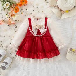 Girl's Dresses Spring and Autumn New Girl Baby Dress 0-3 Year Old Fake Two Pieces Doll Bow Double Fold Lolita Birthday Party Dress Sweet Prince
