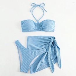 Women's Swimwear Halter Bra Briefs Cover-up Swimsuit Three-piece Stylish 3-piece Bikini Set With Pleated For Quick