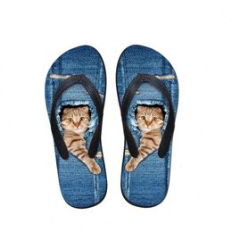 Pet Customized Cute Denim Cat Printed Women Slippers Summer Beach Rubber Flip Flops Fashion Girls Cowboy Blue Sandals Shoes 43si# 166b