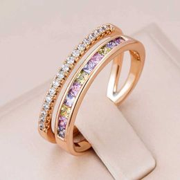 Wedding Rings Kinel New Natural Zircon Ring for Women 585 Rose Gold Stackable Band Fashion High Quality Daily Jewellery Party Accessories Q240514