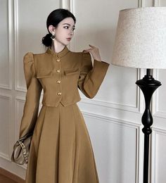 Work Dresses Fall Winter 2 Pieces Sets Women Elegant Puff Sleeve Stand Collar Golden Buttons Cropped Top High Waist A Line Midi Skirts Suit