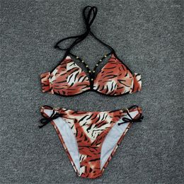 Women's Swimwear Tiger Print Bikini Push Up Halter String Swimsuit Beads Rings Sexy Thong Women Tropical Brazilian Beachwear Bathing Set