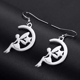 Hollow Moon Star Drop Stainless Steel Flower Elf Pendant Dangle Earrings For Women Wedding Party Jewelry Gifts