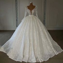 2024 White Lace Custom Made Luxurious Ball Gown Weddding Dresses Puffy V Neck Long Sleeve Sequins Women Formal Bride Gowns