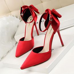 Free shipping 2024 PU leather satin women Geometric 10CM high heels Pillage Pointed toes 8CM heel Printed Dress SHOES party wedding buckle bowtie commuter size 34-43