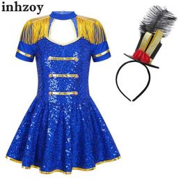 Dancewear Drum Majorette Dress for Girls Sequins Marching Band Uniform Circus Costume Gold Tassel Leotard Tutu Dress with Mini Top HatL2405