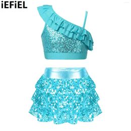 Clothing Sets Kids Girls Sequin Ruffle Dance Outfit Asymmetrical Shoulder Straps Crop Top With Sequins Tiered Skirted Shorts Culottes
