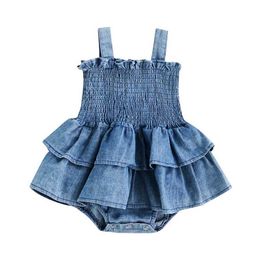 Rompers Baby summer clothing girl denim jumpsuit with sleeveless hanging pleated hem design and bottom button up cute jumpsuit d240517