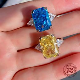 Cluster Rings 10x14mm Rectangle Yellow Blue Mint Green Crush Cut High Carbon Diamond 5A Zircon 925 Sterling Silver Ring