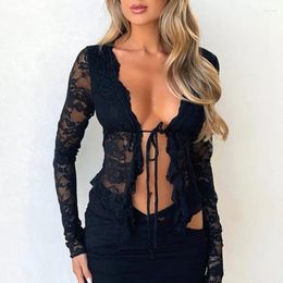 Women's T Shirts Sexy Women Crop Long Sleeve Tops Floral Lace Basic Shirt Casual Tie Front Cardigan For Club Streetwear Aesthetic Clothes