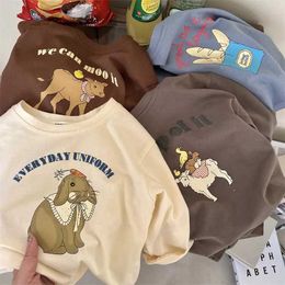 Pullover Autumn Childrens Cartoon T-shirt 2024 Spring Long Sleeved Childrens Top Girls Cartoon Printed Cotton Loose T-shirt 1-5 Yearsl240502