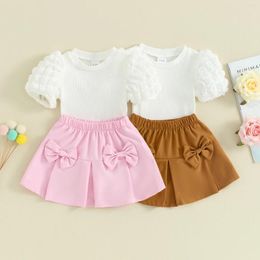 Clothing Sets Toddler Baby Girls Summer 2pcs Fashion Suit Infant Puff Sleeve Ribbed Tops Elastic Waist 3D Bow Skirt Set