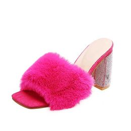 Dress Shoes Slippers Women Luxury Heels Stripper Chunky Sandals Elegant Sexy Furry Rhinestone Apartments Party Plus Size Autumn Winter H240516