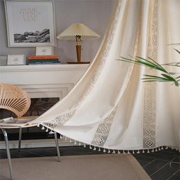 Beige geometric curtain, Bohemian cotton-polyester hollow crochet stitching fringe decoration curtain, living room bedroom kitchen dining room for all seasons
