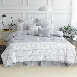 Bedding Sets Korean Princess Grey WHITE LACE FLOWER Six Pcs Set PureCotton Quilt DuvetCover Bedsheet PillowCase 1.5m1.8m BedSkirt