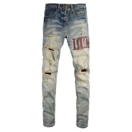 New Men Jeans Hole Light Blue Dark Gray Italy Brand Man Long Pants Trousers Streetwear Denim Skinny Slim Straight Biker Jean For D Cd