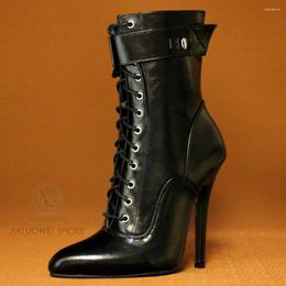 Boots Sexy Ankle For Women 14CM High Heels Cross-tied Zip Lockable Straps Motorcycle Club Party Shoes Large Size