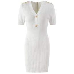 Summer White Solid Colour Panelled Dress Short Sleeve V-Neck Buttons Short Casual Dresses Y4W09222001