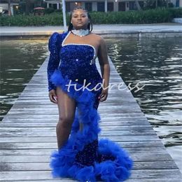 Unique Royal Blue African Prom Dresses With High Slit Sparkly Sequin Long Sleeve Mermaid Evening Dress Elegant Ruffles Black Women Formal Occasion Birthday Dress