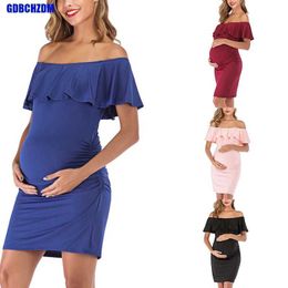 Maternity Dresses Womens Maternity Dress Off Shoulder Ruffle Sleeveless Bodycon Dress Elegant Ruched Sides Bodycon Dresses for Baby Shower Y240516