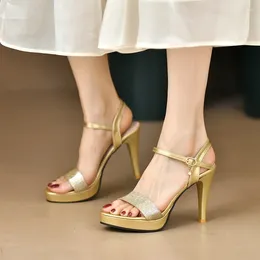 Dress Shoes Summer 2024 Ankle Strap Platform Pumps Woman Sexy Stiletto Heeled Party Gold Silver Glitter High Heel Sandals For Women