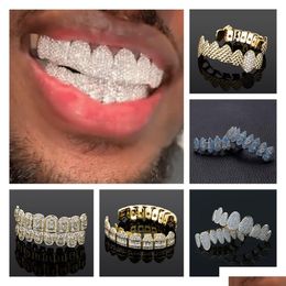 Grillz, Dental Grills Iced Out Cubic Zircon Body Jewelry 18K Real Gold Punk Hip Hop Jesus Mouth Fang Grillz Brace Fl Diamond Vampire Dhndp