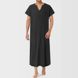 Ethnic Clothing Men'S Muslim Arab Islamic Kaftan Robes V-Neck Short Sleeve Solid Cotton Linen Jubba Thobe Casual Fashion Dubai Saudi Arabia