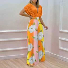 Women's Two Piece Pants 2024 Summer Printed Plus Size Outfits Jumpsuit Set Elegant V-neck Wide-leg Femme Jumpsuits For Women Bohemian