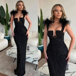 Black Mermaid Evening Dresses Feathers Shoulder Sequins Pearls Party Prom Formal Long Red Carpet Dress For Special Ocn 0516