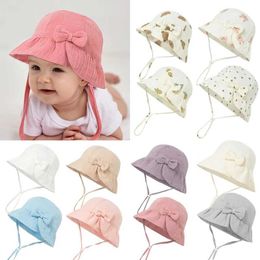 Caps Hats New Baby Cotton Bow Bucket Hat Childrens Sunset Outdoor Hat Boys and Girls Printed Panama Hat Unisex Beach Fishing Hat 3-12M WX