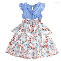 Girl Dresses Girls Dress Lace Collar Flying Sleeves Broken Flower Ruffles Princess Party 5-12Y Beachwear Kids Casual Clothes