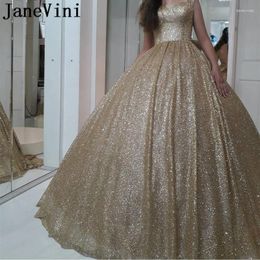 Party Dresses JaneVini Sparkle Gold Ball Gown Plus Size Prom Sweetheart Sequined Big Bow Back Sweep Train Dubai Luxury Evening Gowns